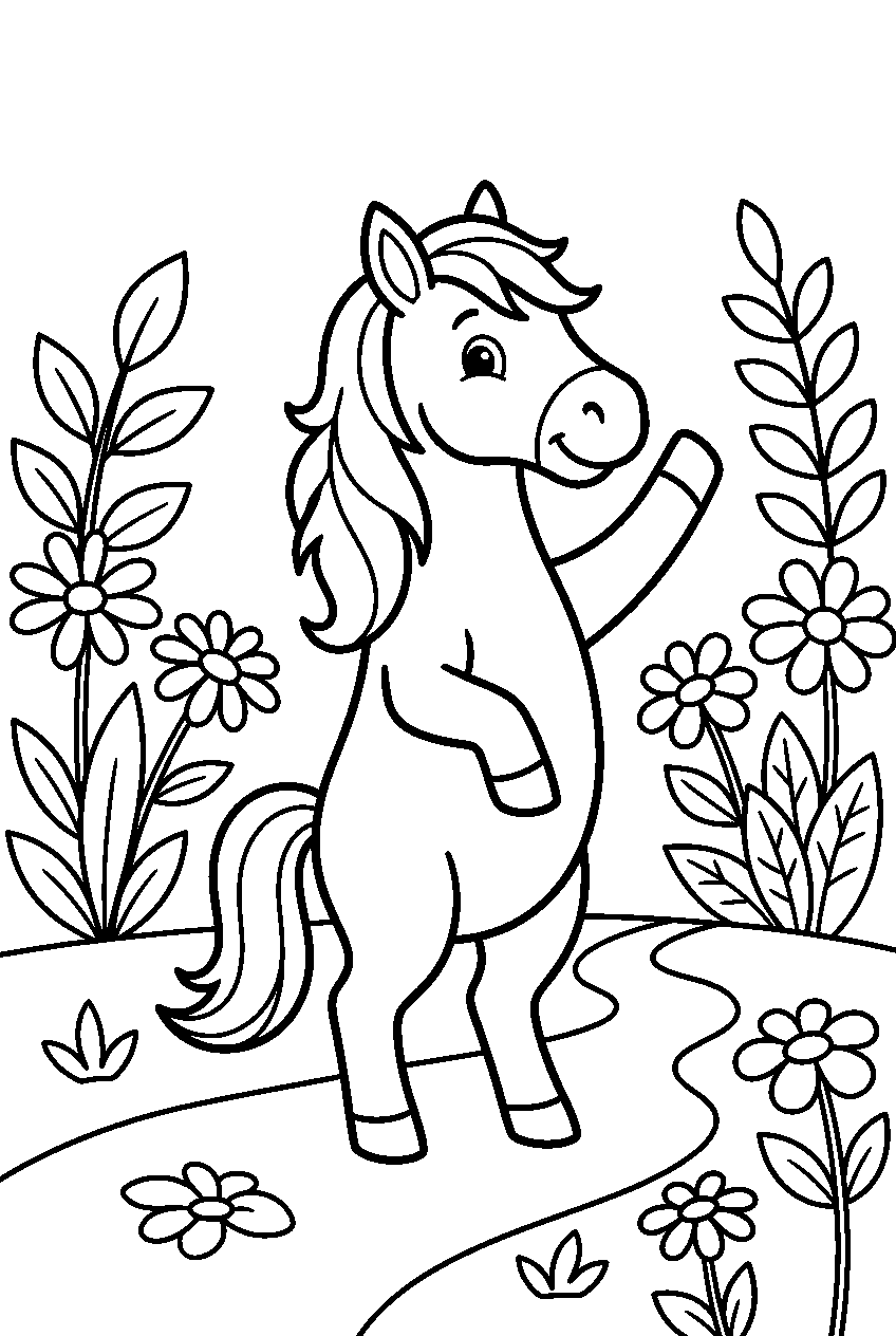 horse waving in botanical garden line art