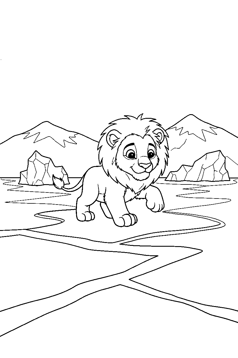 lion exploring on an ice lake line art
