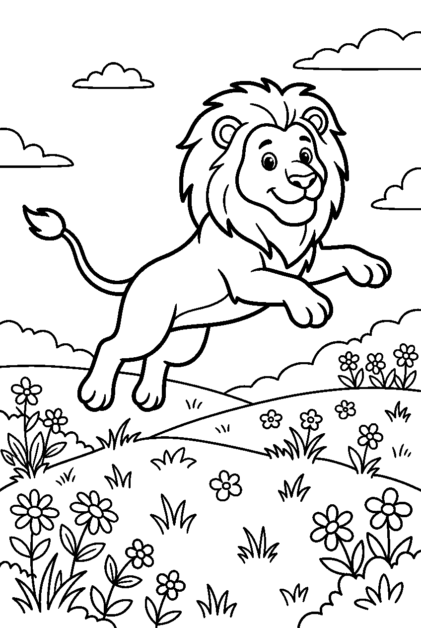 lion jumping in flower meadow line art