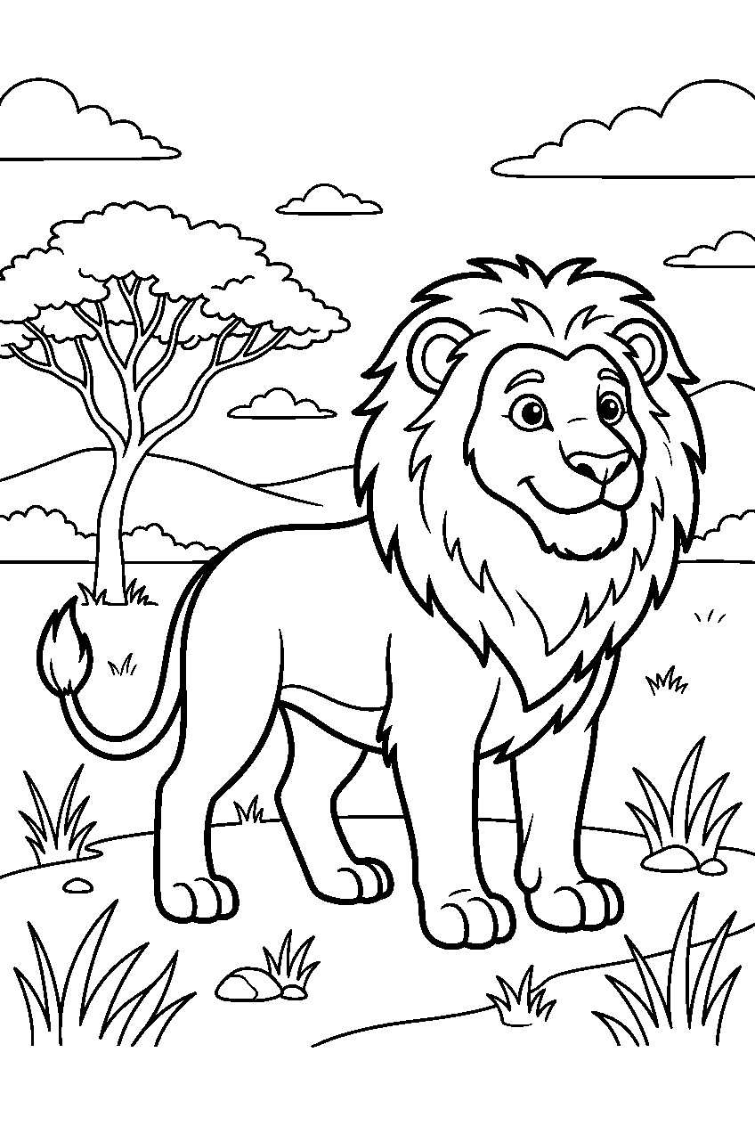 lion looking around in nature reserve line art