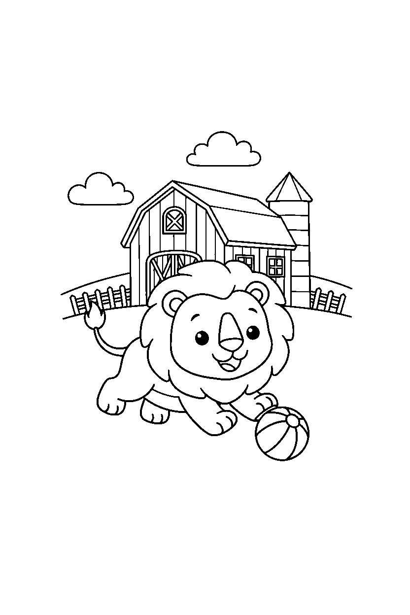 lion playing happily near a barn line art