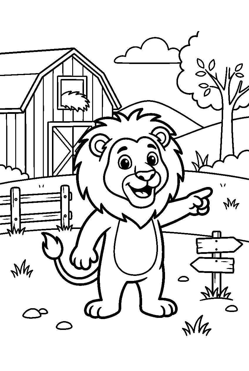 lion pointing in barnyard line art