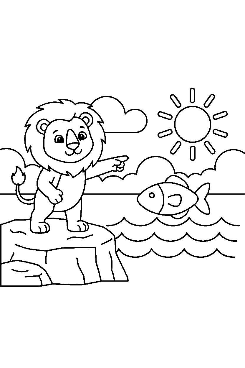 lion pointing in ocean line art