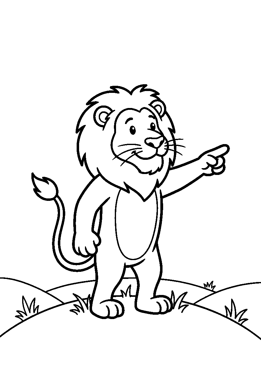 lion pointing on grassy hill line art