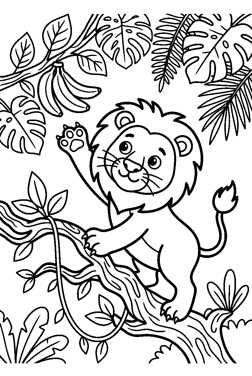 lion reaching in tropical rainforest line art