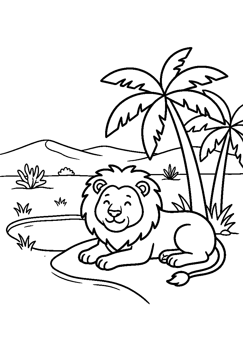 lion resting in desert oasis line art