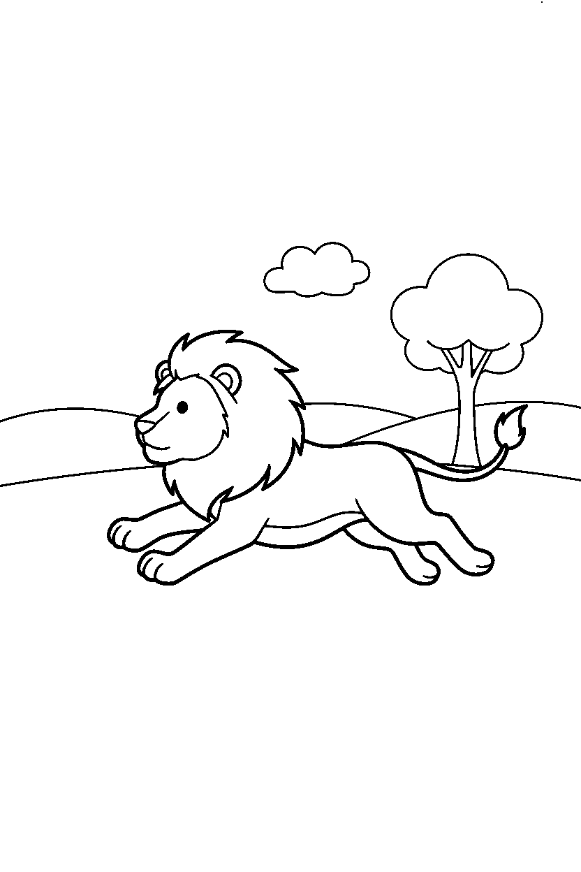 lion running in the countryside line art