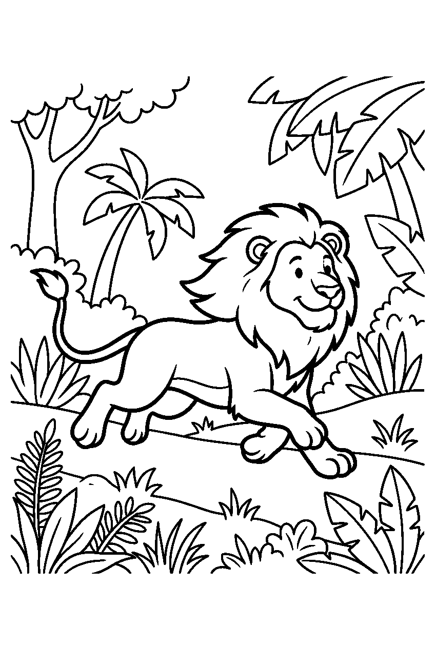 lion running in tropical forest line art