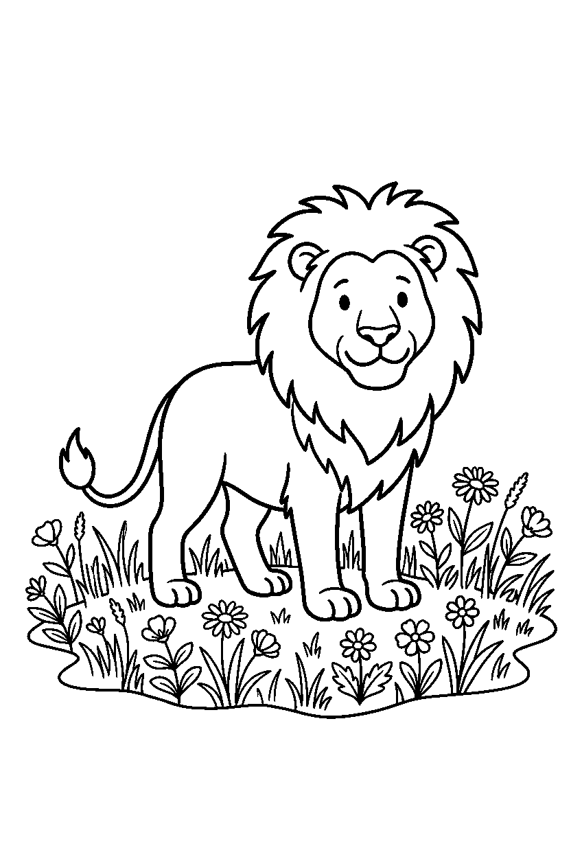 lion standing in wildflower field line art