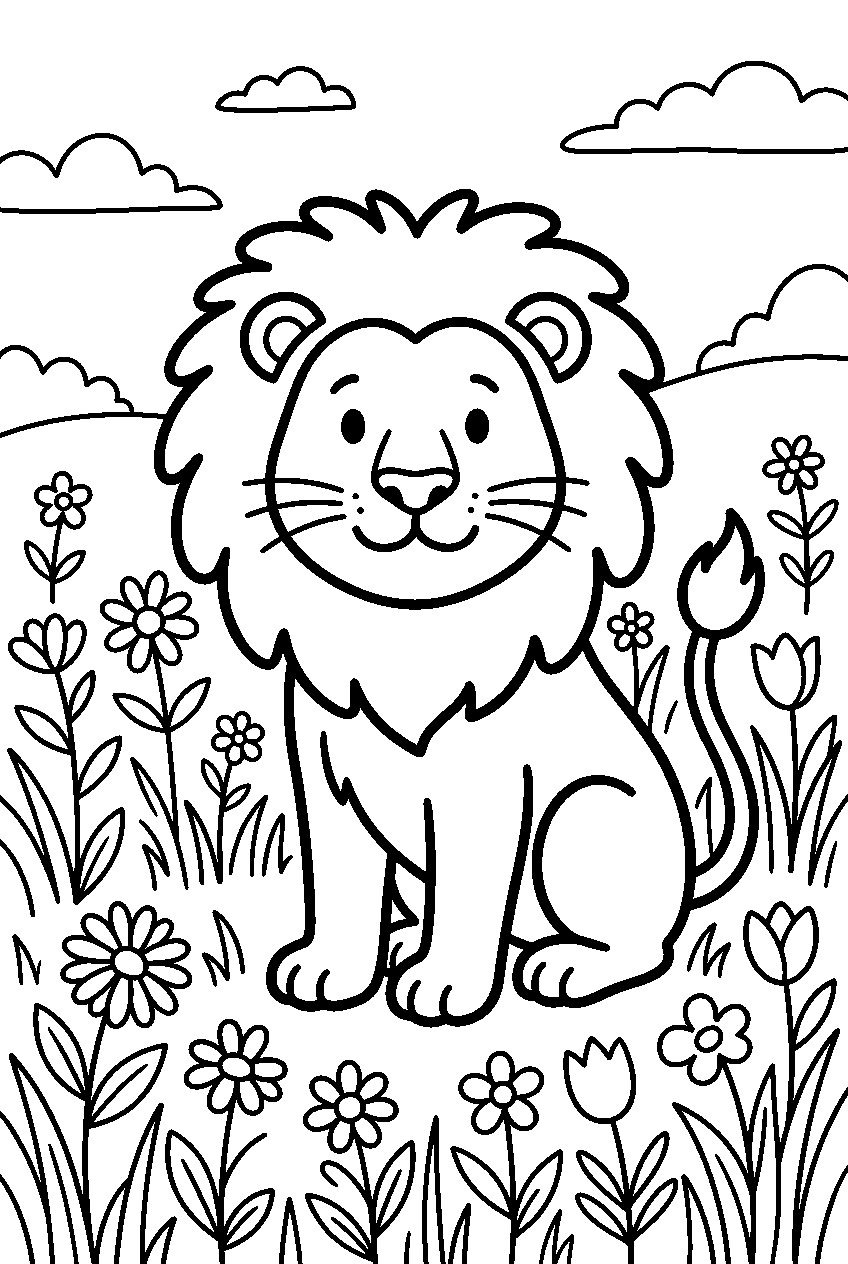 lion watching in flower meadow line art