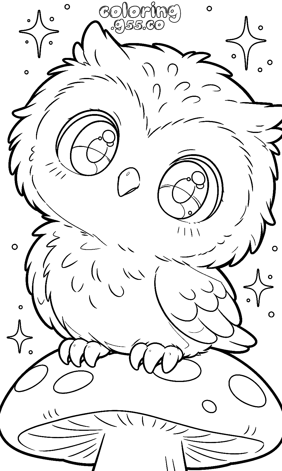cute baby owl on mushroom line art for kids woodland animals sheet