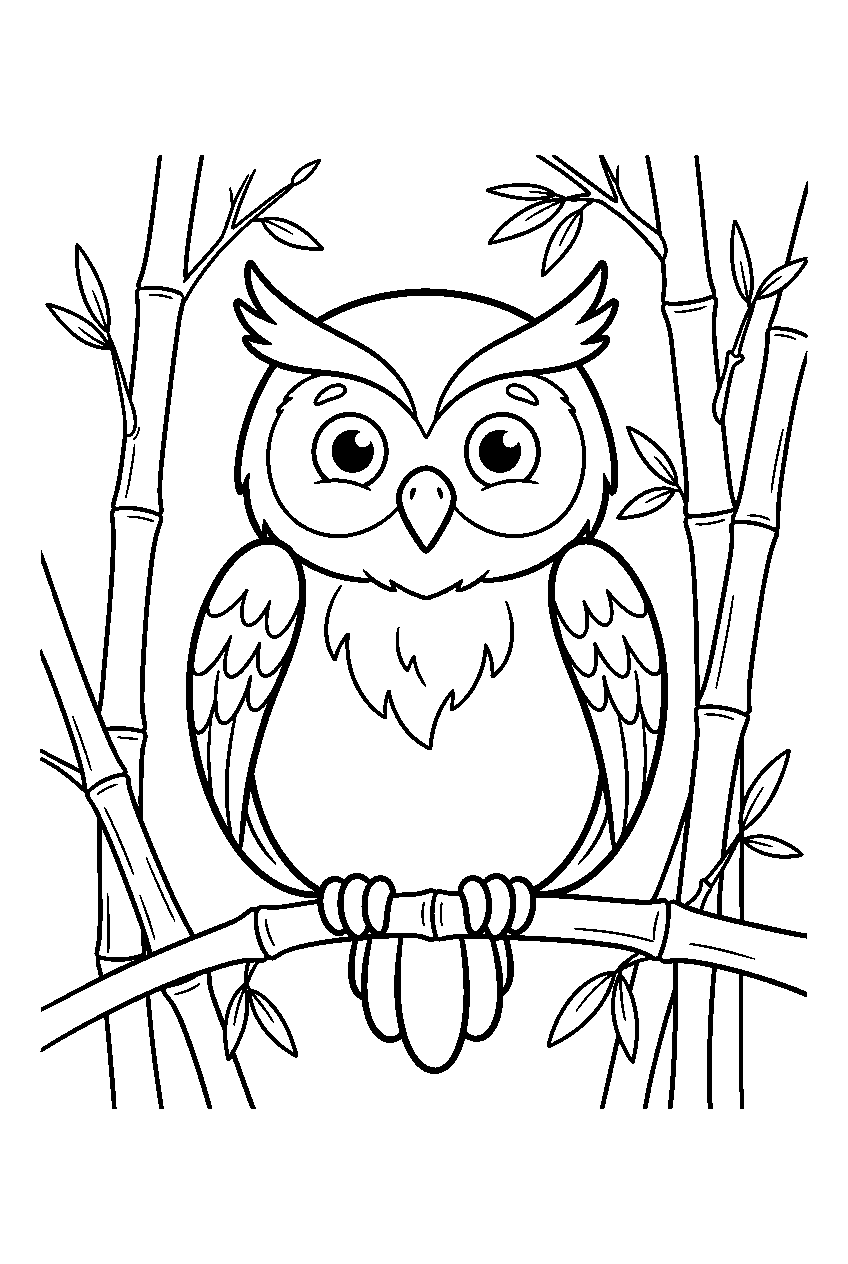 owl in bamboo forest line art