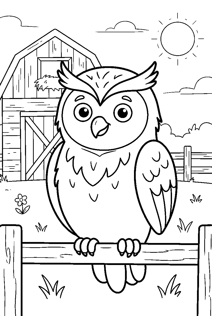 owl in barnyard line art