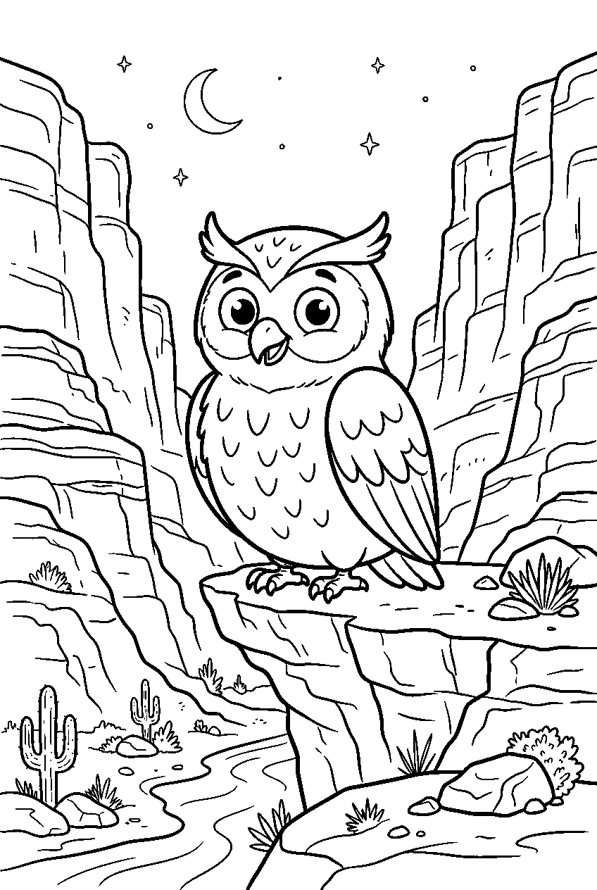 owl in canyon line art