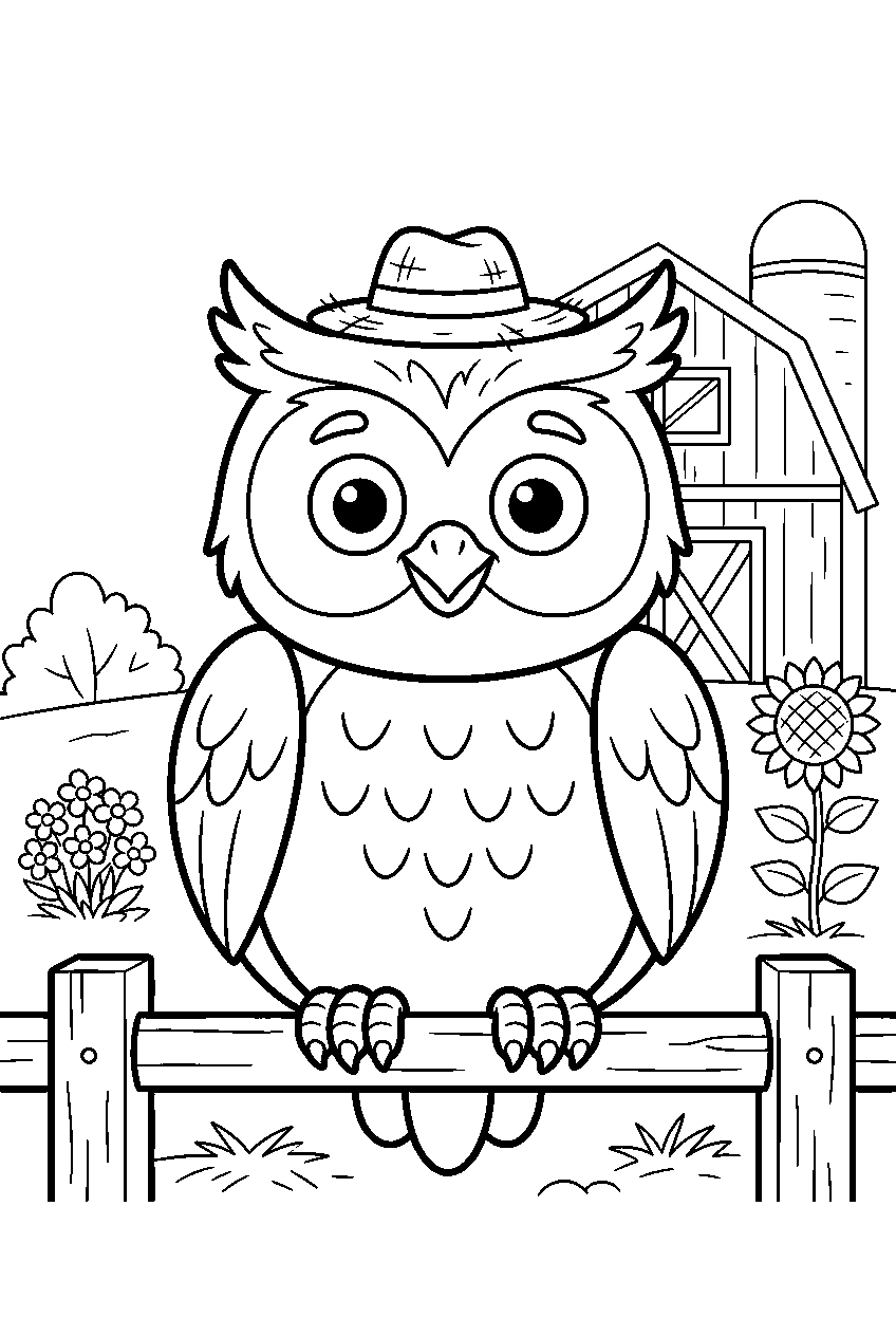 owl in farmyard line art