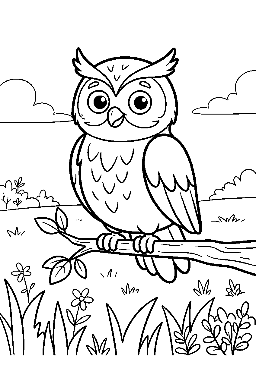 owl in grassland line art
