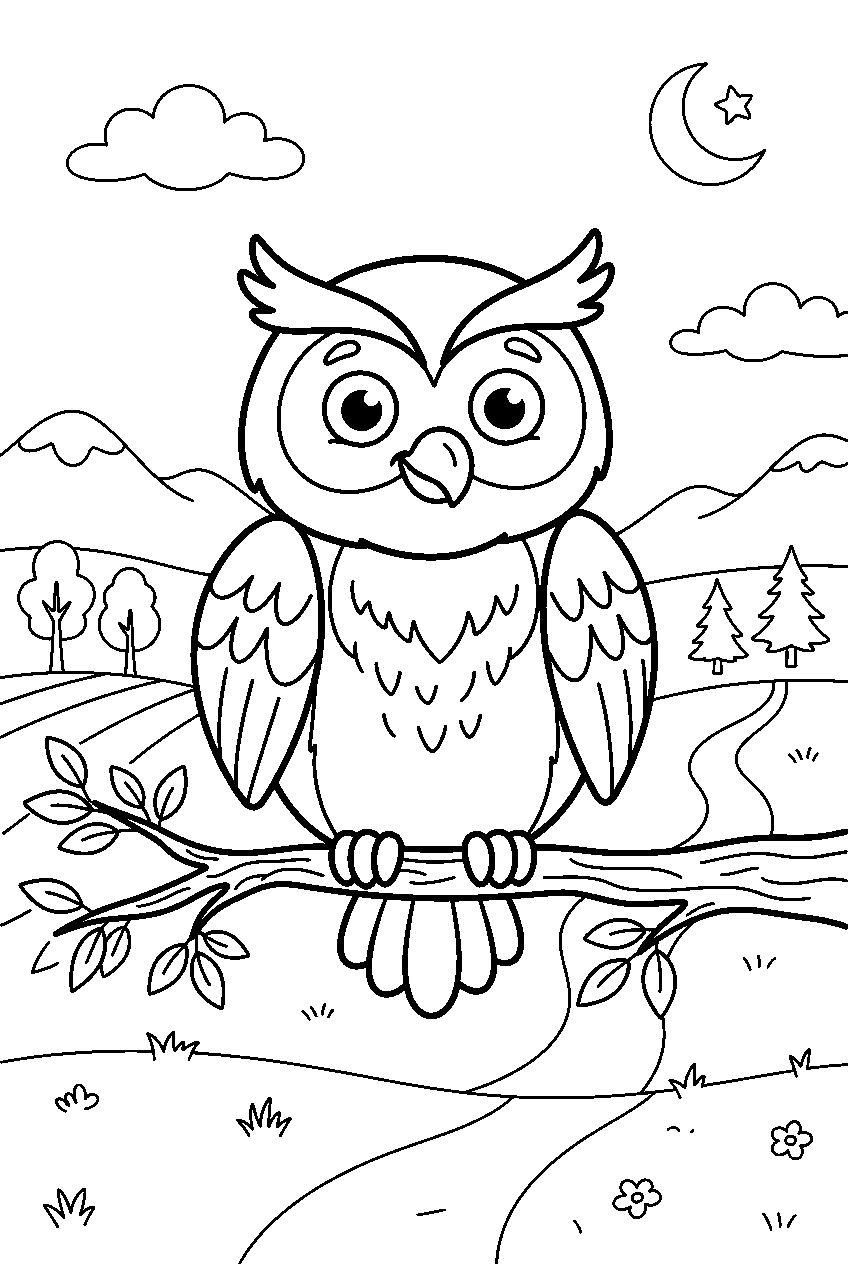 owl in green valley line art