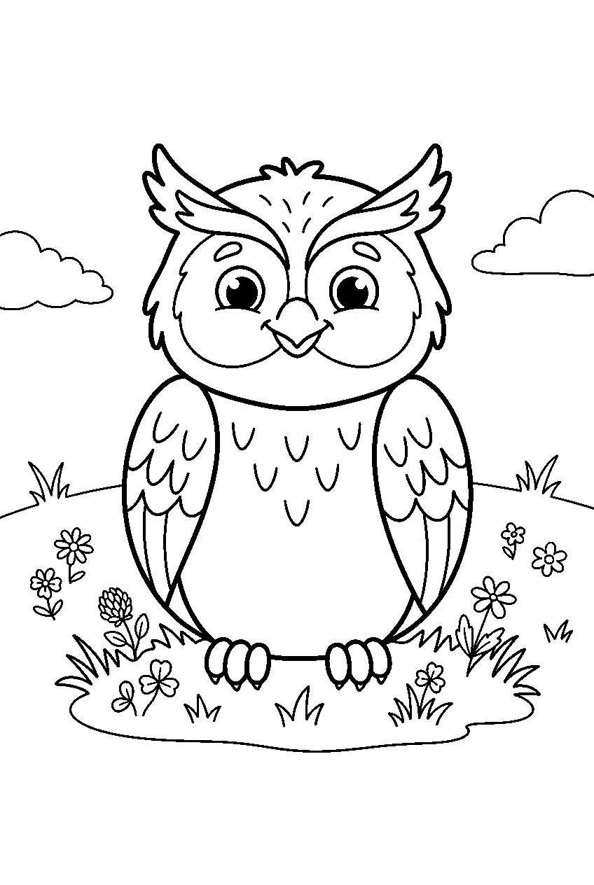 owl in meadow line art