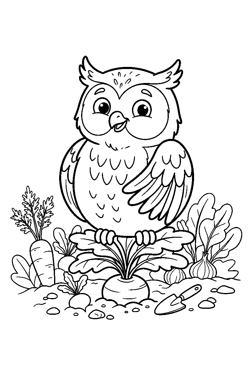 owl in vegetable garden line art
