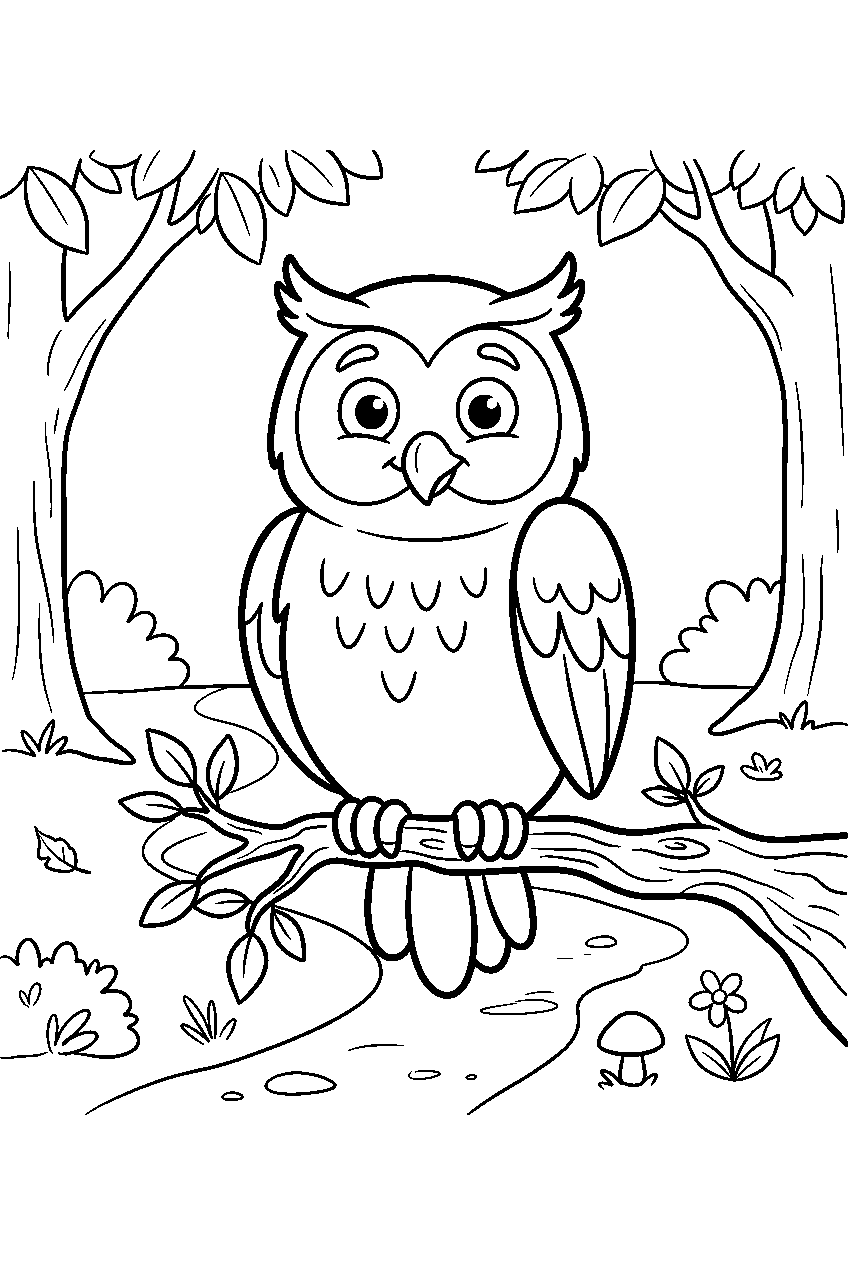 owl in woodland trail line art