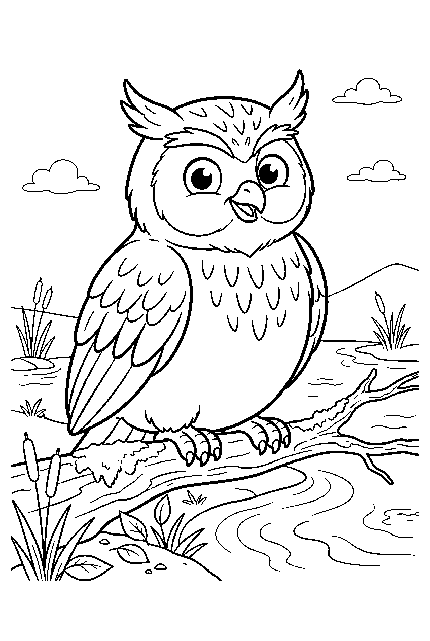 owl on riverbank line art