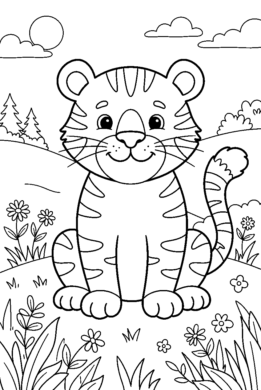 tiger in hillside meadow line art