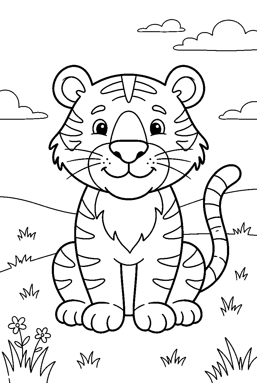 tiger in prairie line art