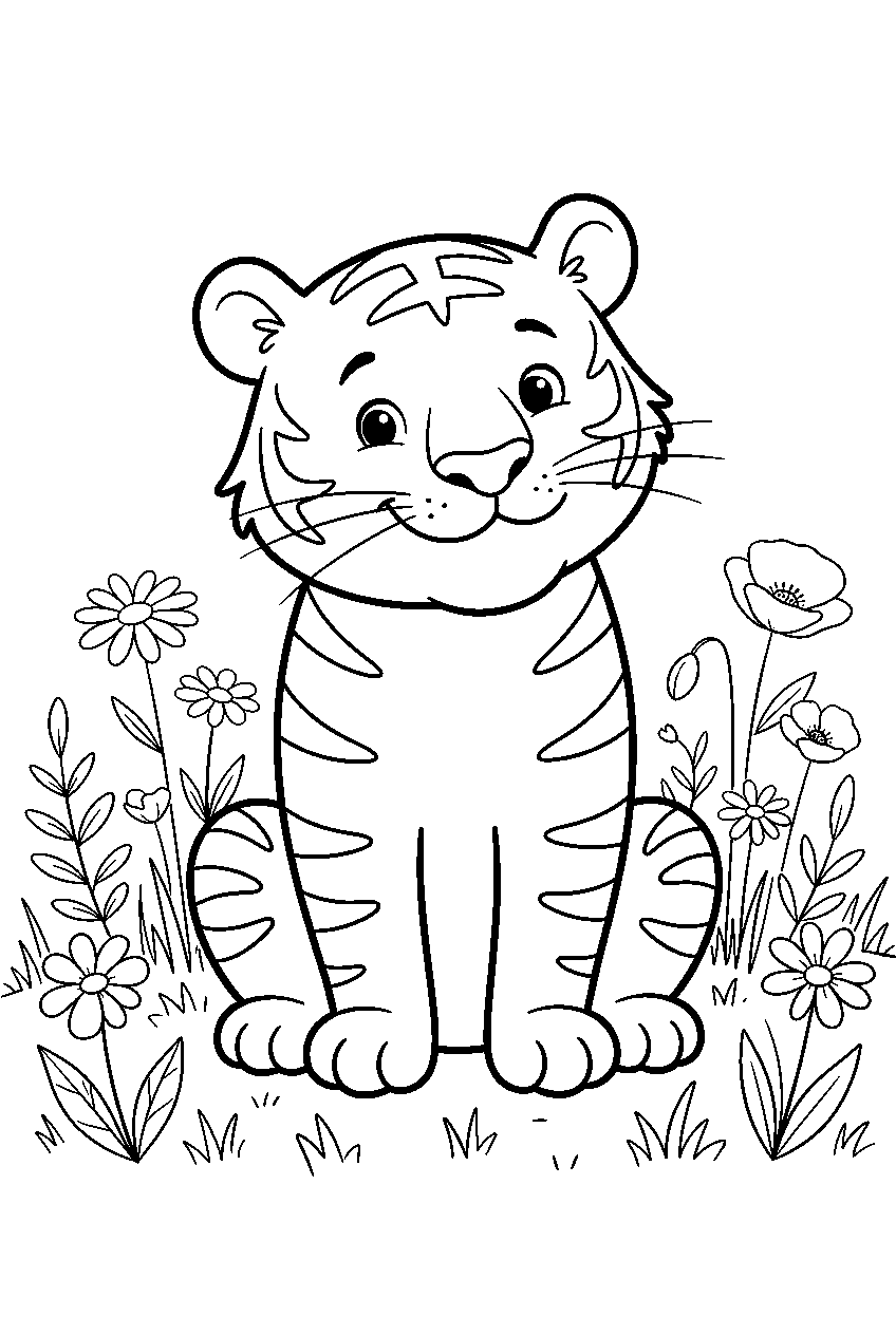 tiger in wildflower field line art