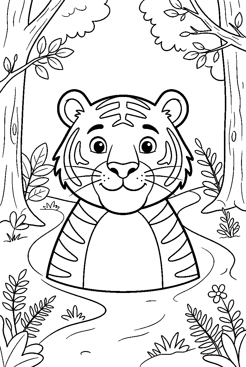 tiger in woodland trail line art