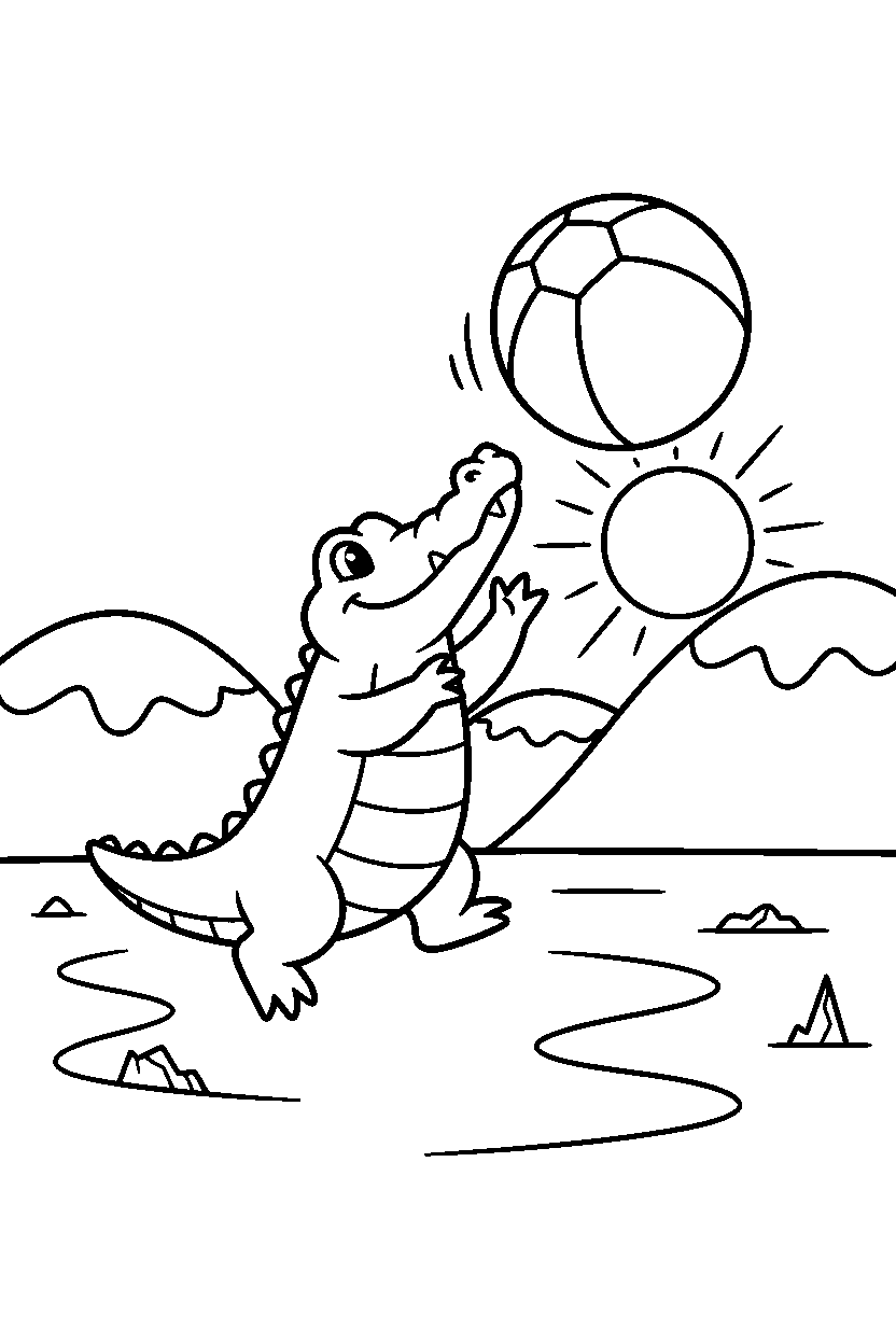 alligator catching a ball on an ice lake line art