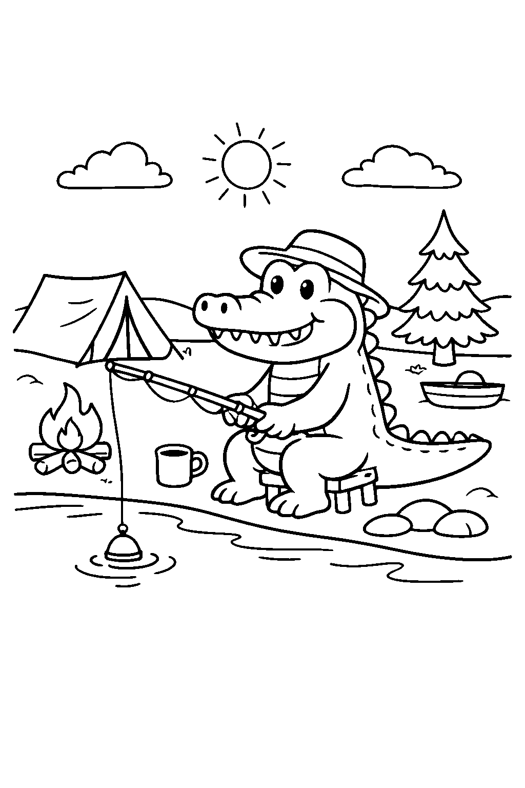 alligator fishing campground line art