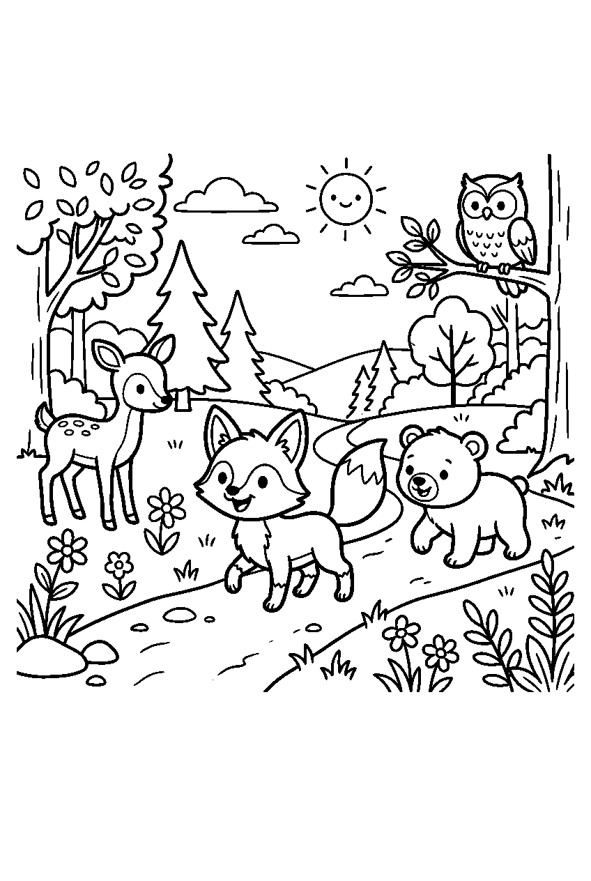 animals exploring in forest clearing line art