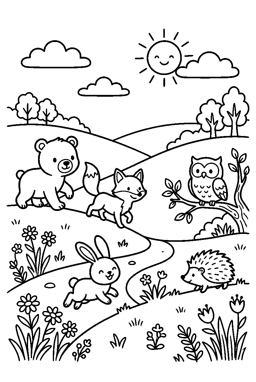 animals exploring in hillside meadow line art