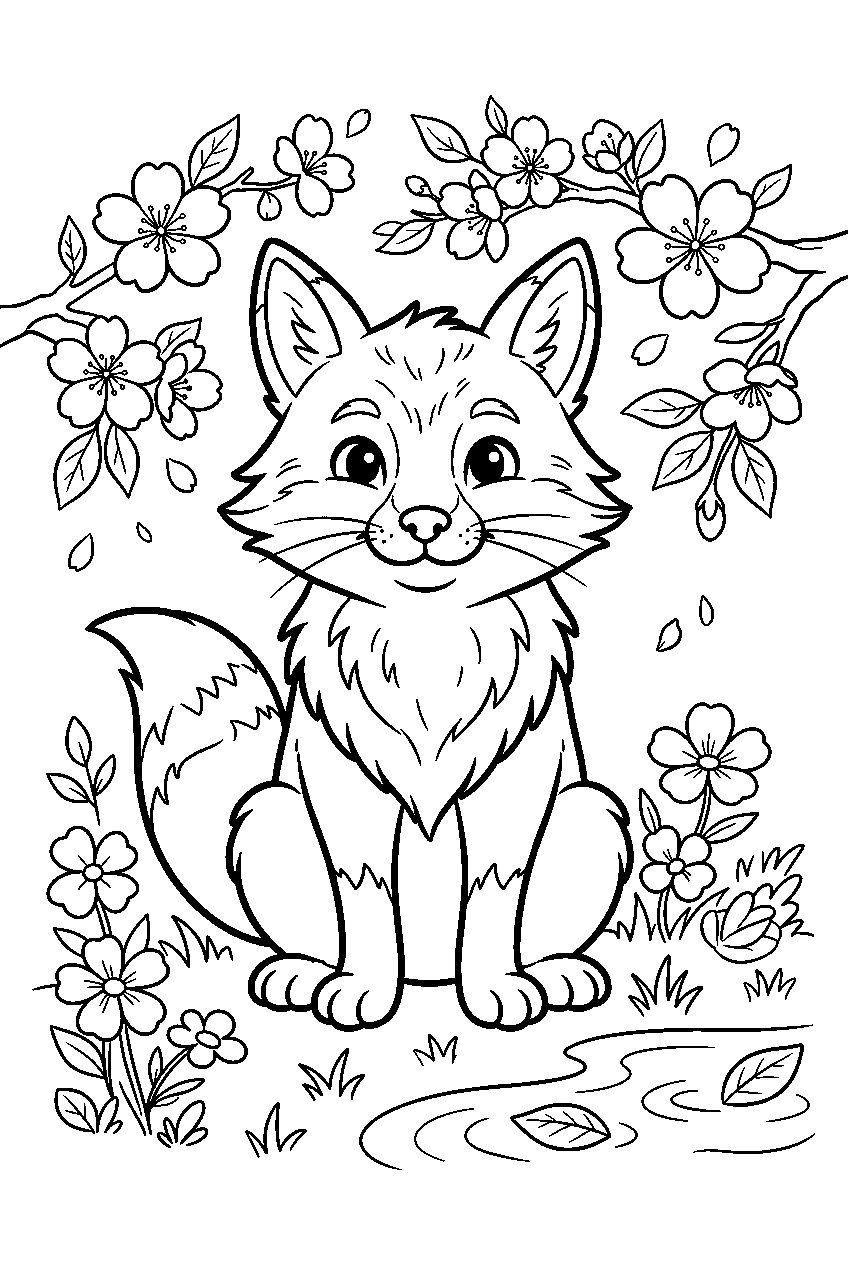 animals in cherry blossom garden line art
