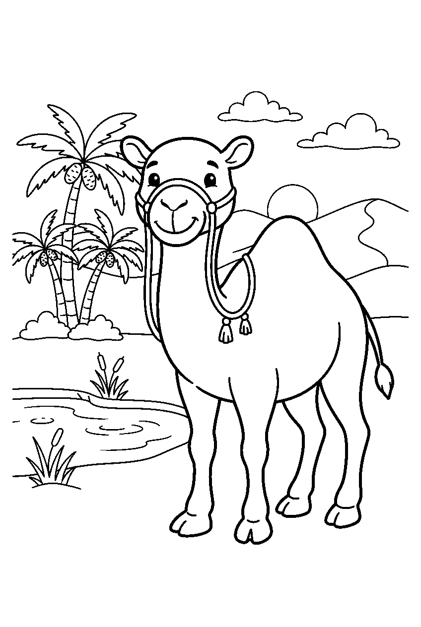 animals in desert oasis line art