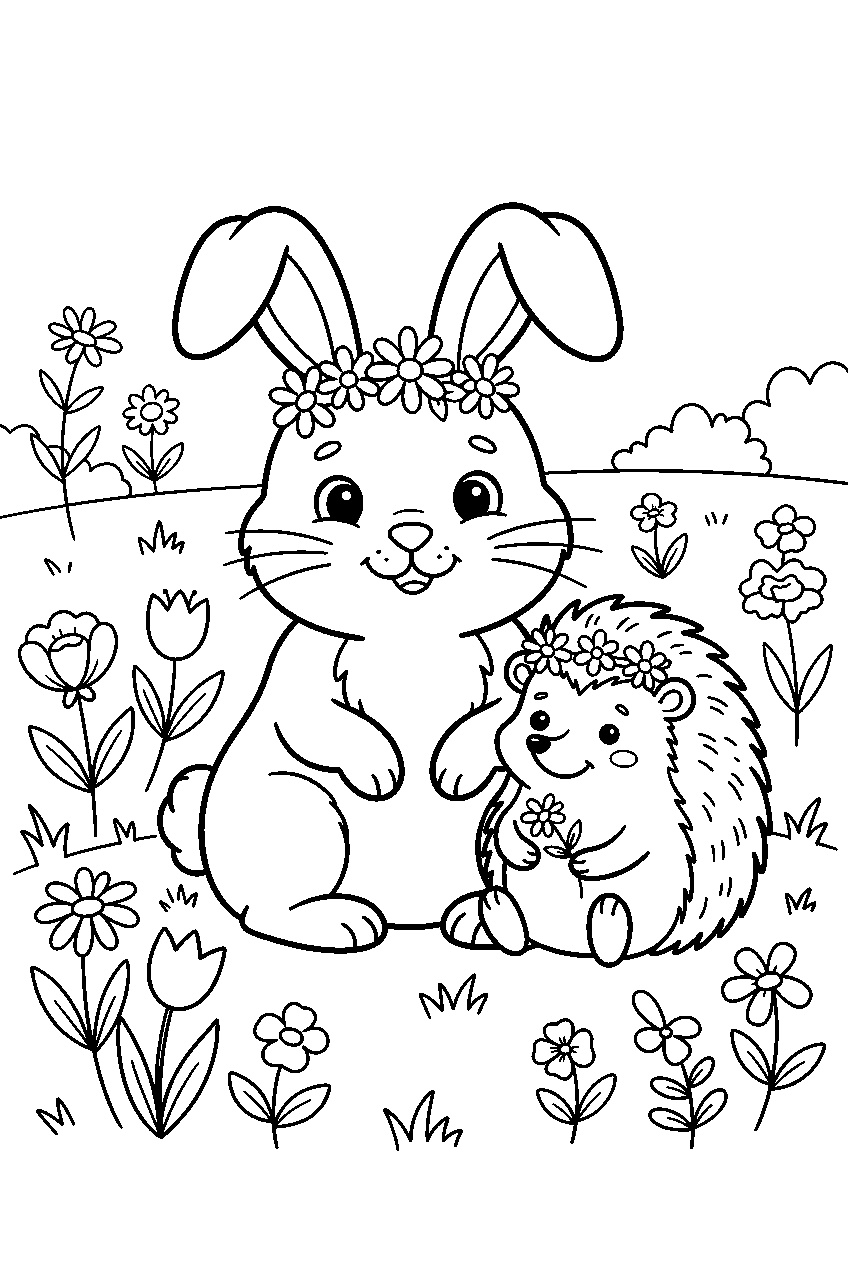 animals in flower meadow line art