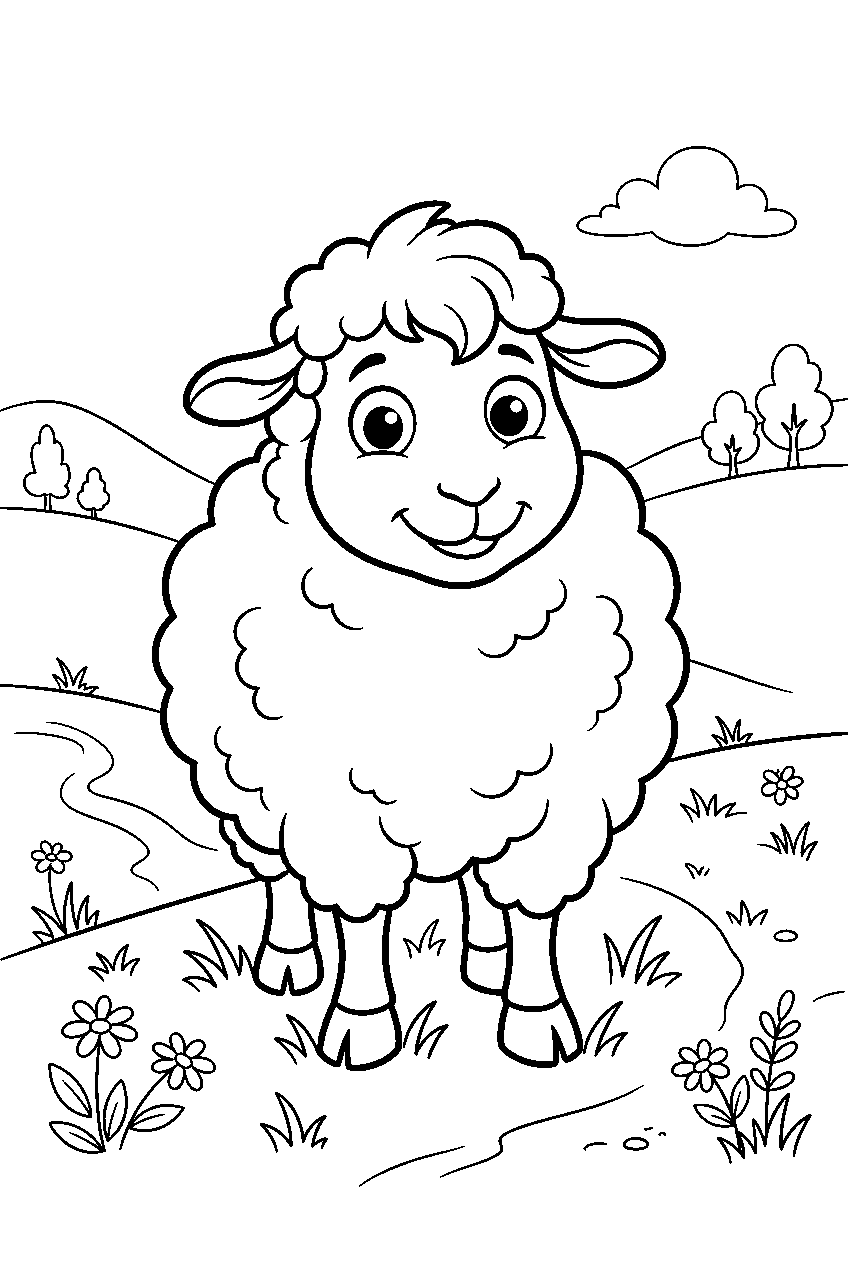 animals in hillside meadow line art