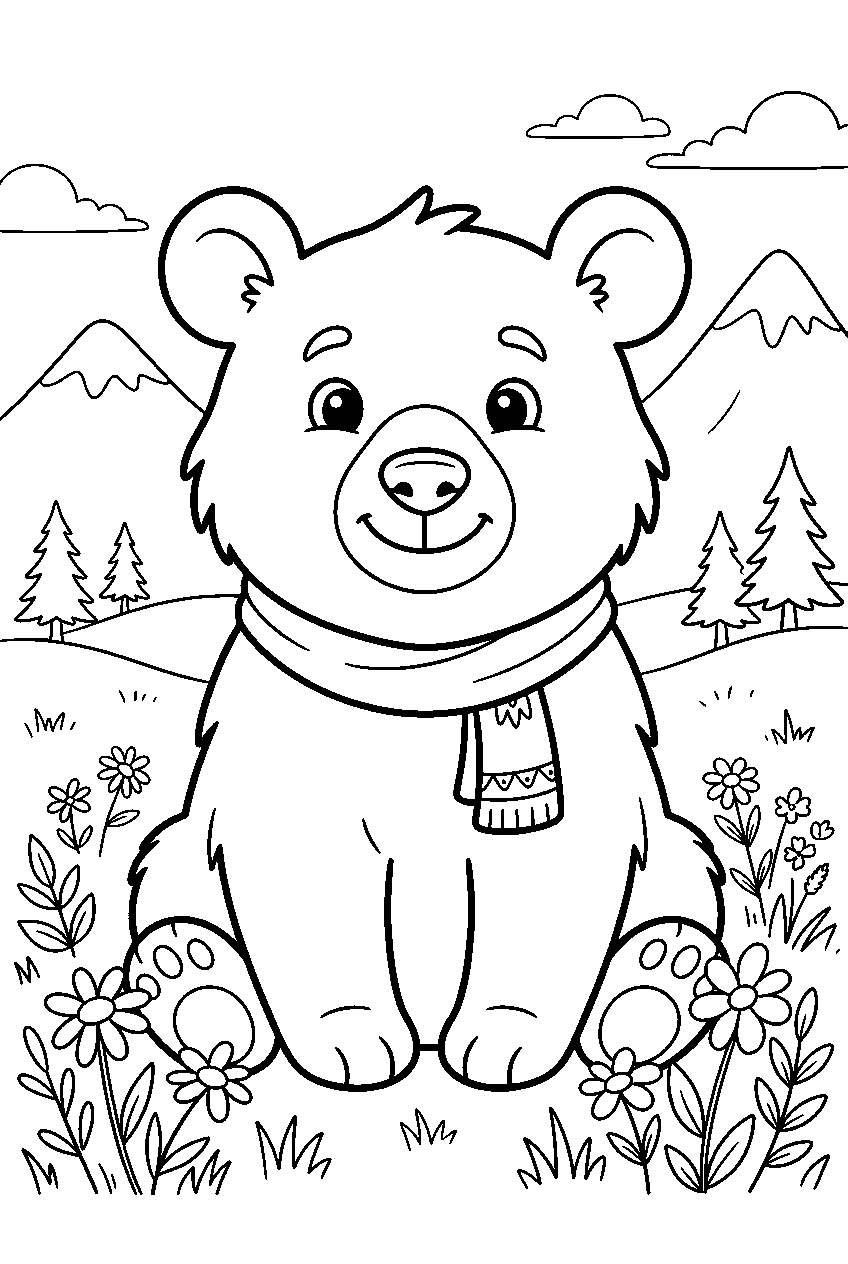 animals in mountain meadow line art
