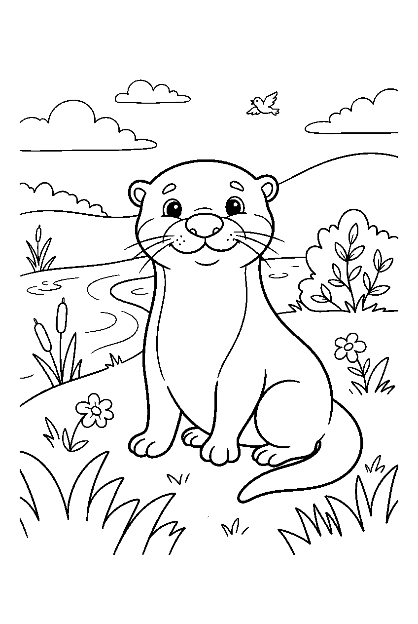 animals in riverside meadow line art