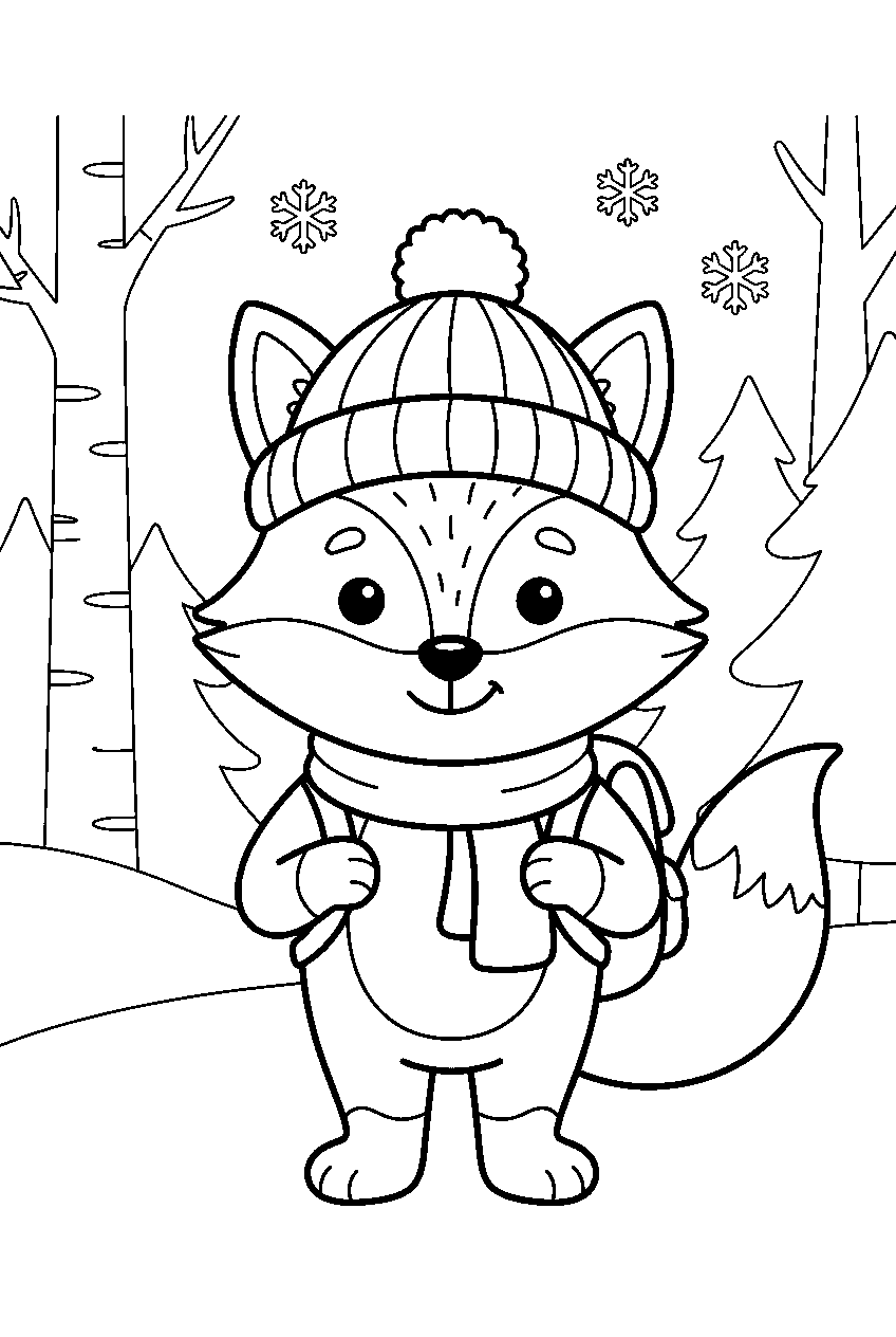 animals in winter woodland line art