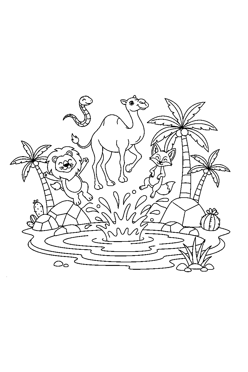 animals jumping in desert oasis line art