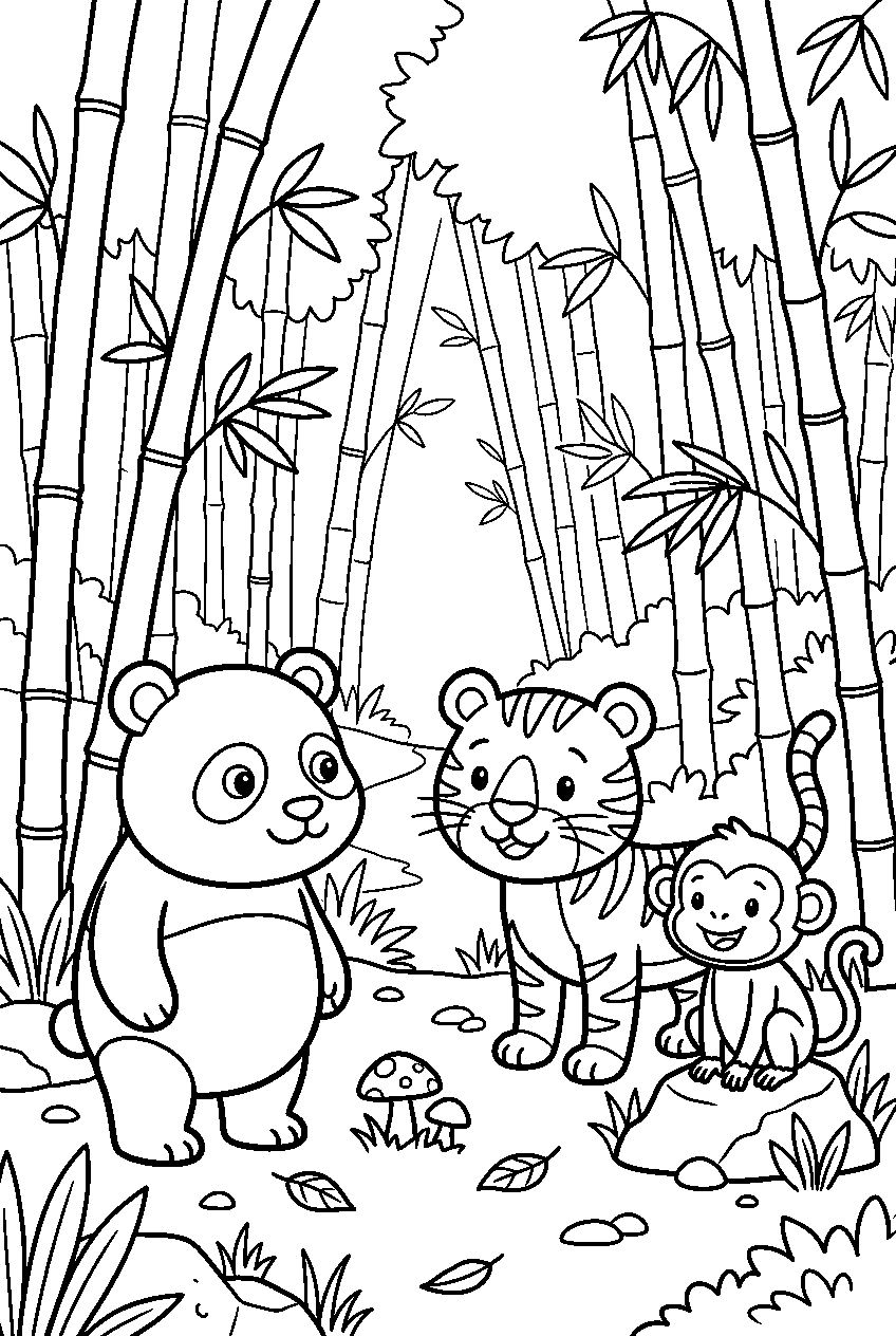 animals observing in bamboo forest line art