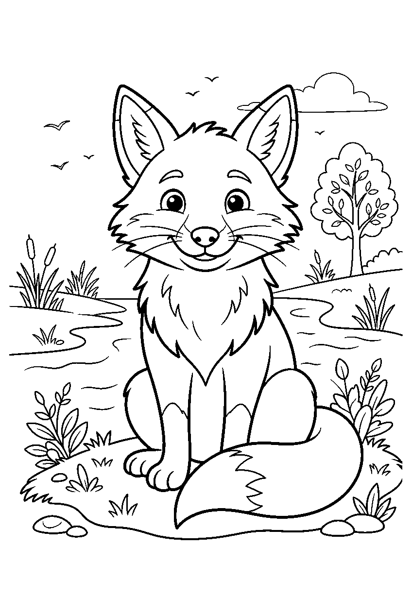 animals on riverbank line art