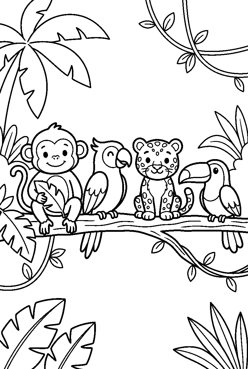 animals sitting in tropical rainforest line art