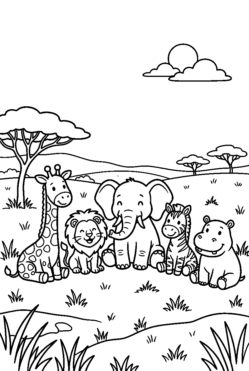 animals sitting on savanna grassland line art