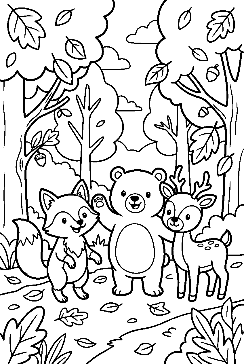 animals standing in autumn forest line art