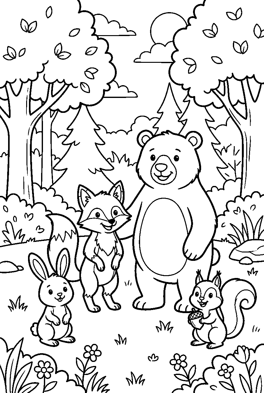 animals standing in forest clearing line art