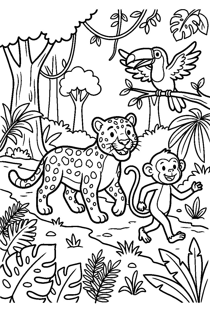 animals walking in tropical rainforest line art