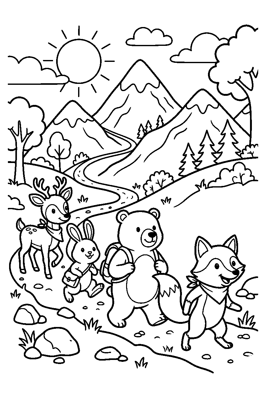 animals walking on mountain trail line art
