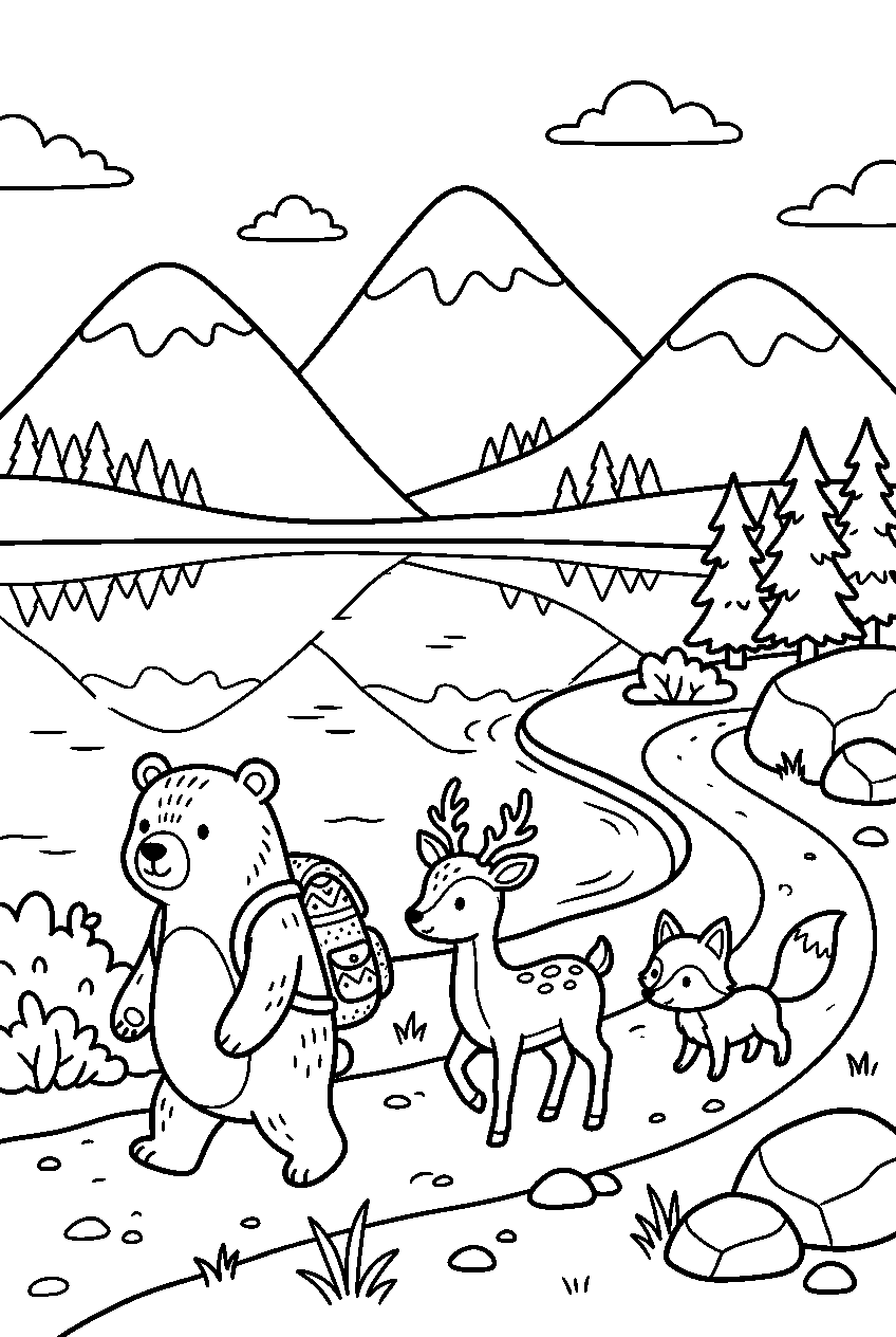 animals walking slowly near mountain lake line art